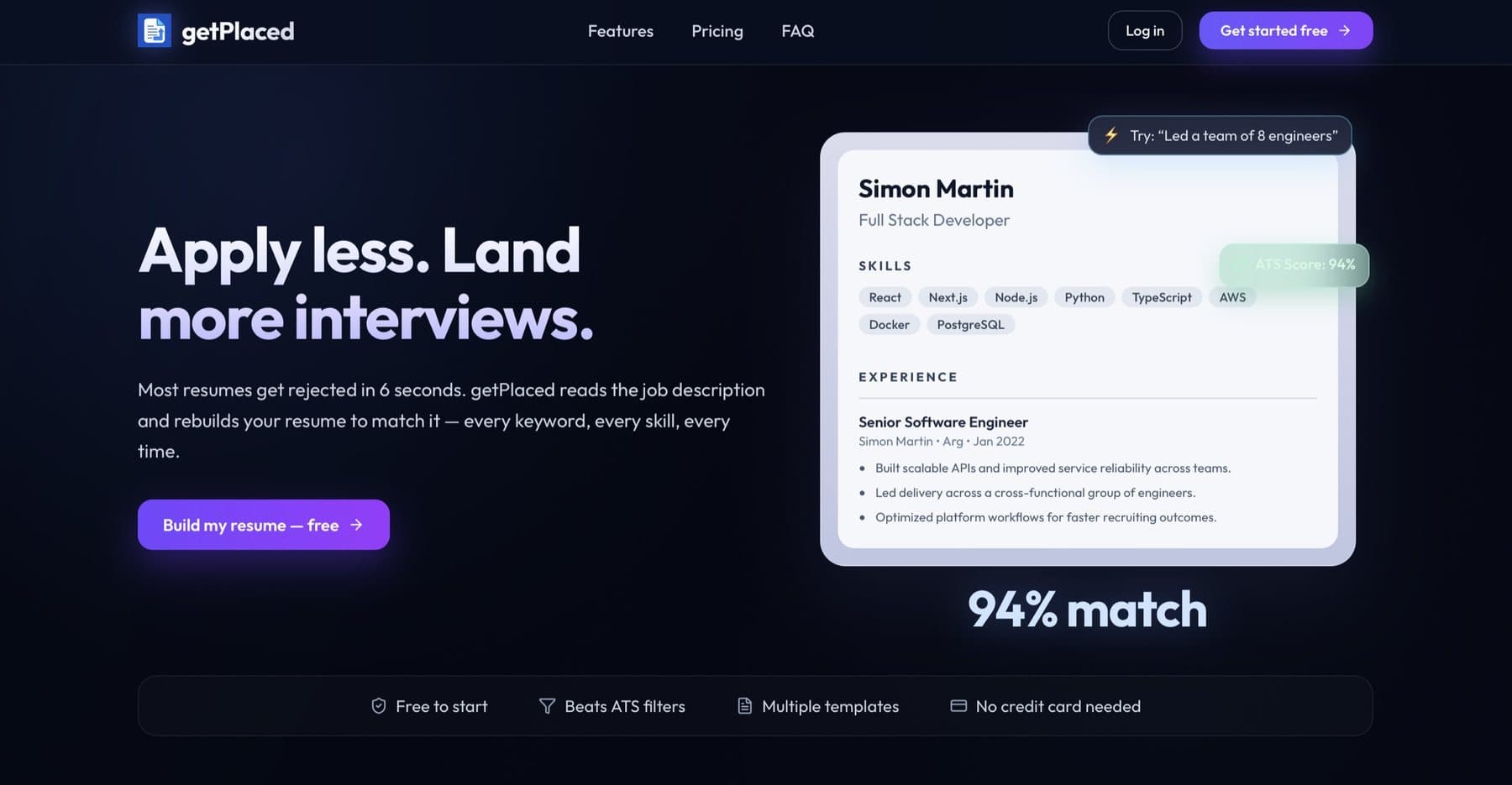 getPlaced landing page: Apply less. Land more interviews.